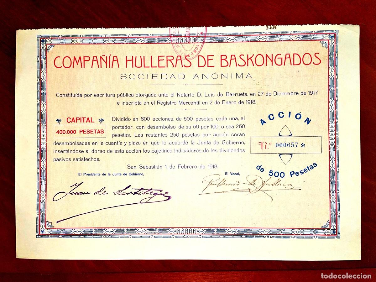 Coleccionismo acciones espa&ntilde;olas: Compa&ntilde;&iacute;a Hulleras de Baskongados ,SA San Sebasti&aacute;n 1918 acci&oacute;n