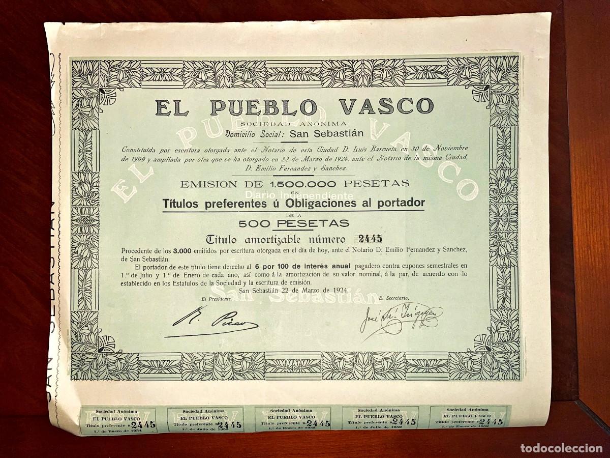 Coleccionismo acciones espa&ntilde;olas: El Pueblo Vasco ,SA San Sebasti&aacute;n 1924 acci&oacute;n