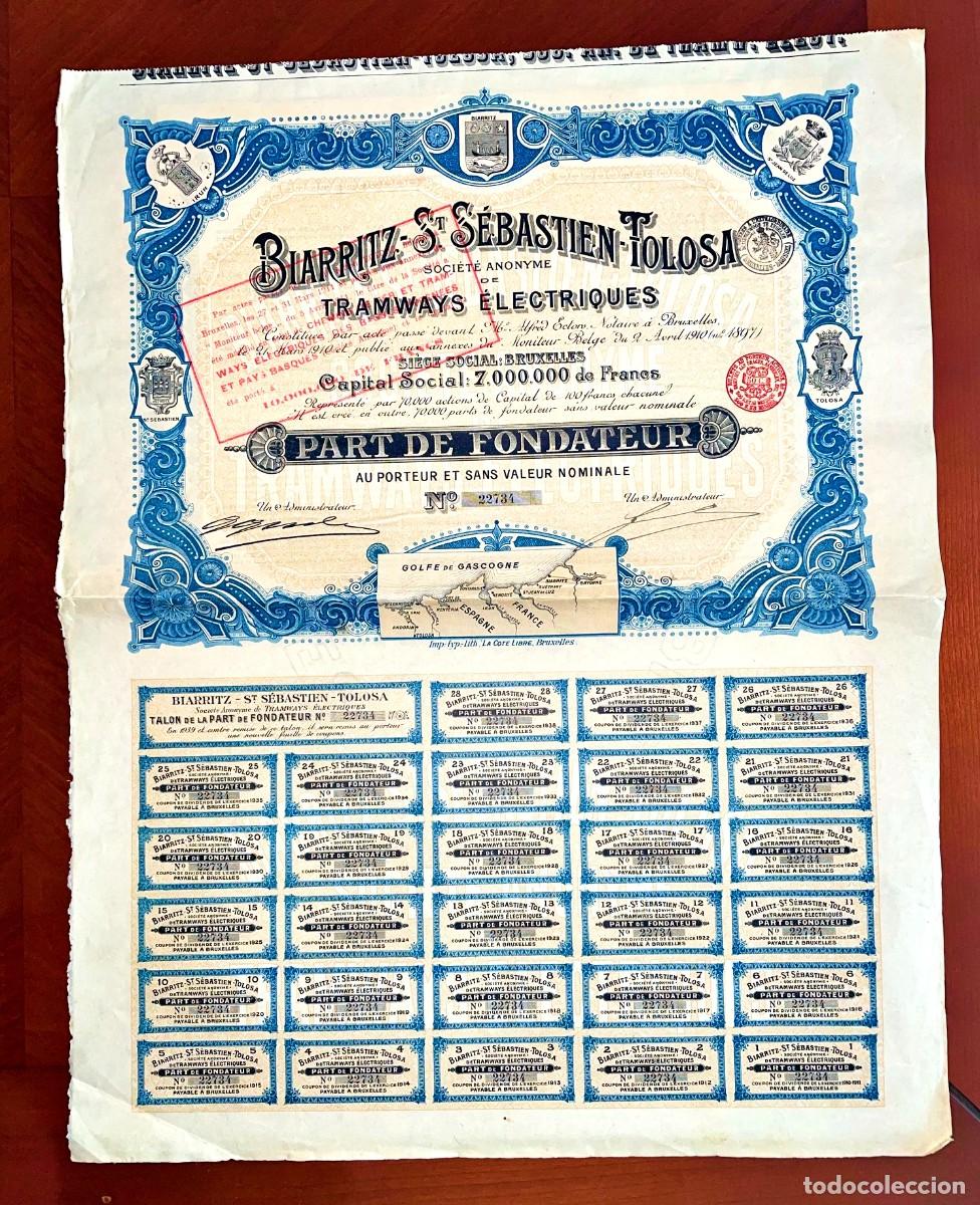 Coleccionismo acciones espa&ntilde;olas: Biarritz-St.S&eacute;bastien-Tolosa ,SA Tramways electriques 1910 acci&oacute;n