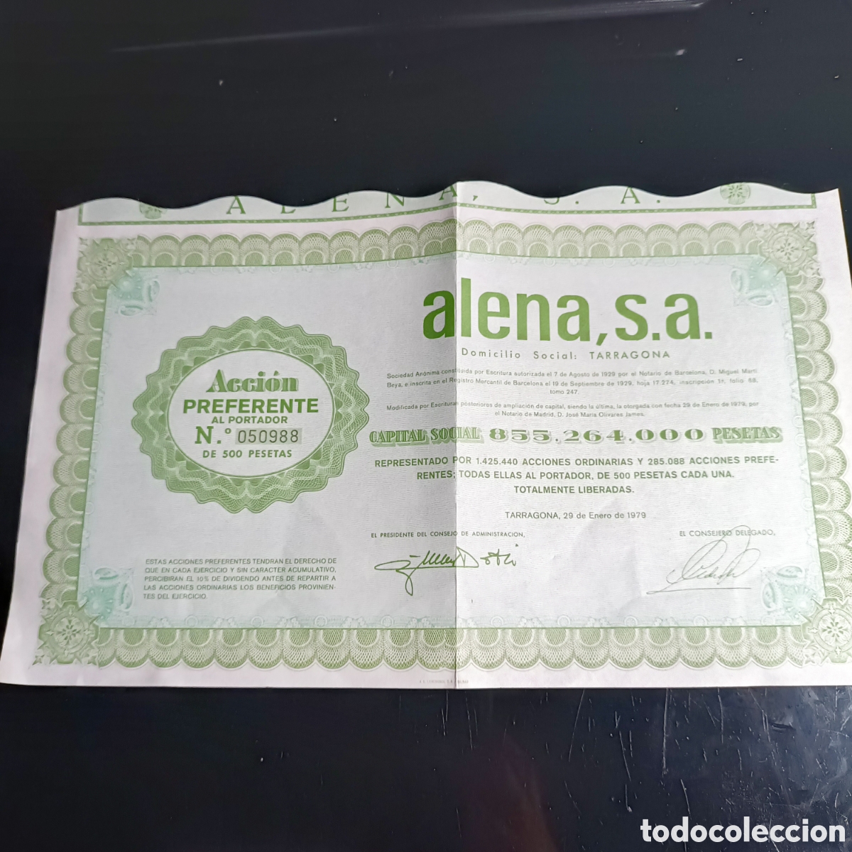 Coleccionismo acciones espa&ntilde;olas: ACCION PREFERENTE AL PORTADOR. ALE&Ntilde;A. S. A