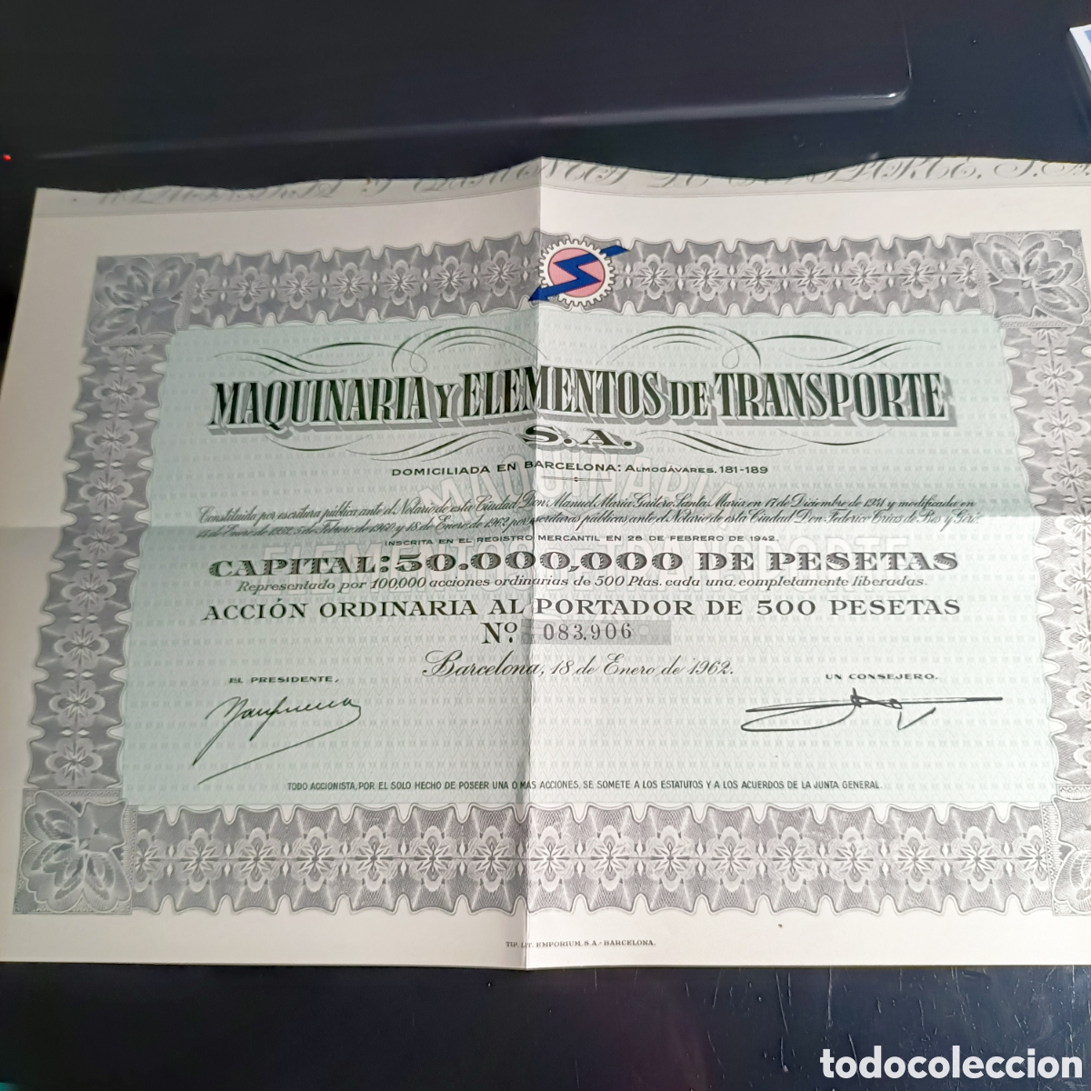 Coleccionismo acciones espa&ntilde;olas: ACCION ORDINARIA. MAQUINARIA Y ELEMENTOS DE TRANSPORTE