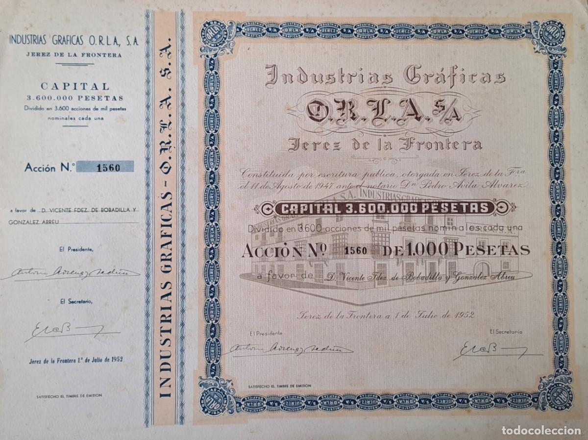 Coleccionismo acciones espa&ntilde;olas: INDUSTRIA GRAFICAS CAPITAL SOCIAL 3.600.000 PTAS ACCIONES DE 1000 PTAS N&ordm; 1560. G-ACCION-0477 ,2