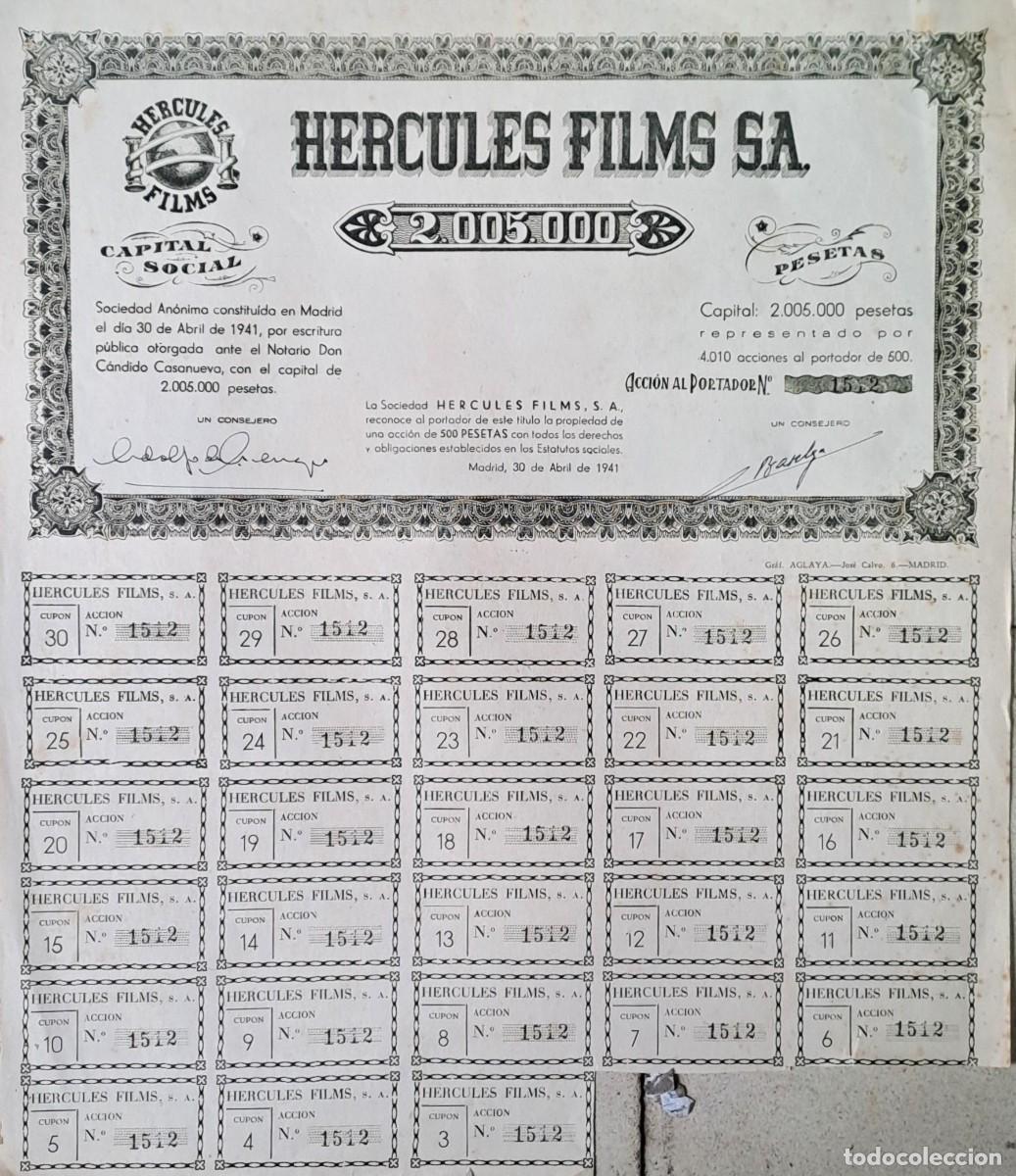Coleccionismo acciones espa&ntilde;olas: HERCULES FILMS S.A. CAPITAL SOCIAL 2.005.000 PTAS ACCIONES DE 500 PTAS N&ordm; 1512. G-ACCION-0478