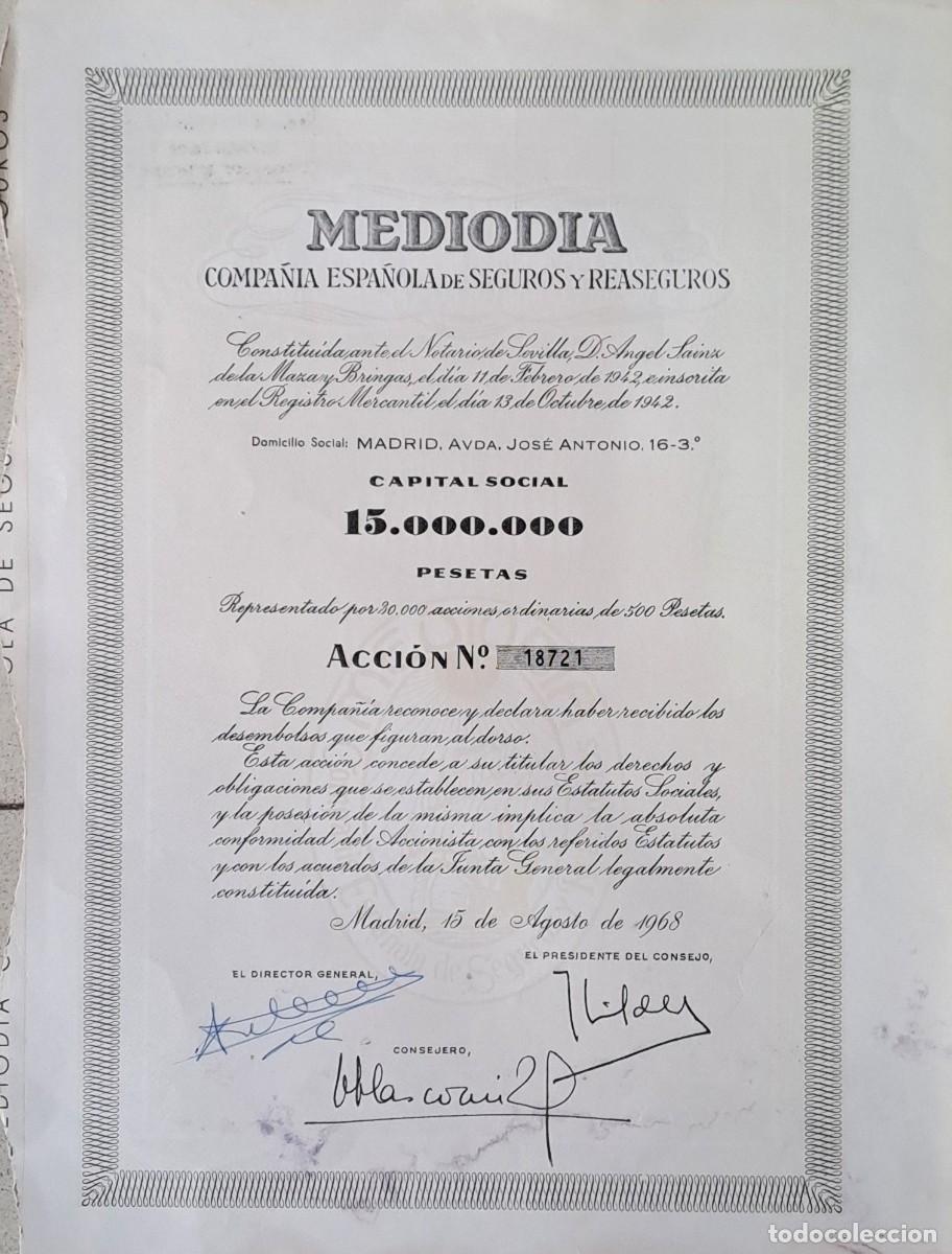 Coleccionismo acciones espa&ntilde;olas: ACCION MEDIODIA COMPA&Ntilde;&Iacute;A ESPA&Ntilde;OLA DE SEGUROS Y REASEGUROS. G-ACCION-0480