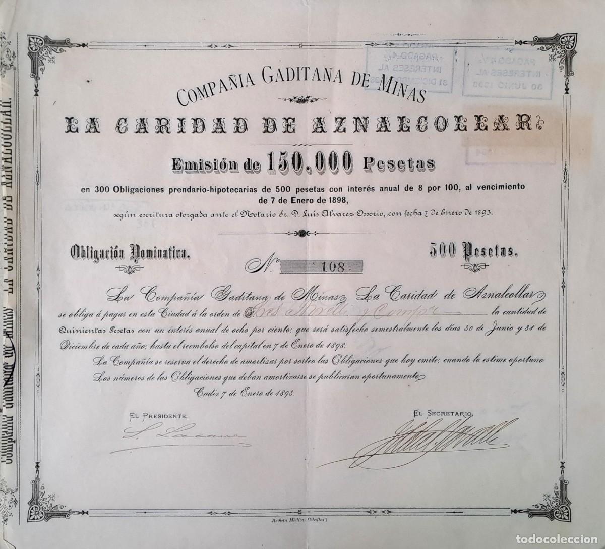 Coleccionismo acciones espa&ntilde;olas: ACCION COMPA&Ntilde;&Iacute;A GADITANA DE MINAS LA CARIDAD DE AZNALCOLLAR. ACCION N&ordm; 108. G-ACCION-0482 ,10