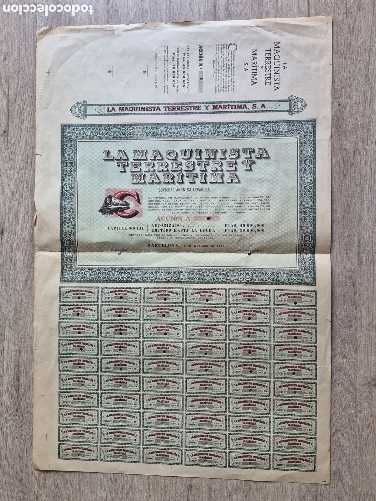Coleccionismo acciones espa&ntilde;olas: Esp&eacute;cimen Acci&oacute;n LA MAQUINISTA TERRESTRE Y MAR&Iacute;TIMA - BARCELONA 1941 - 69 x 45 cm. Taladrada - &Uacute;NICA