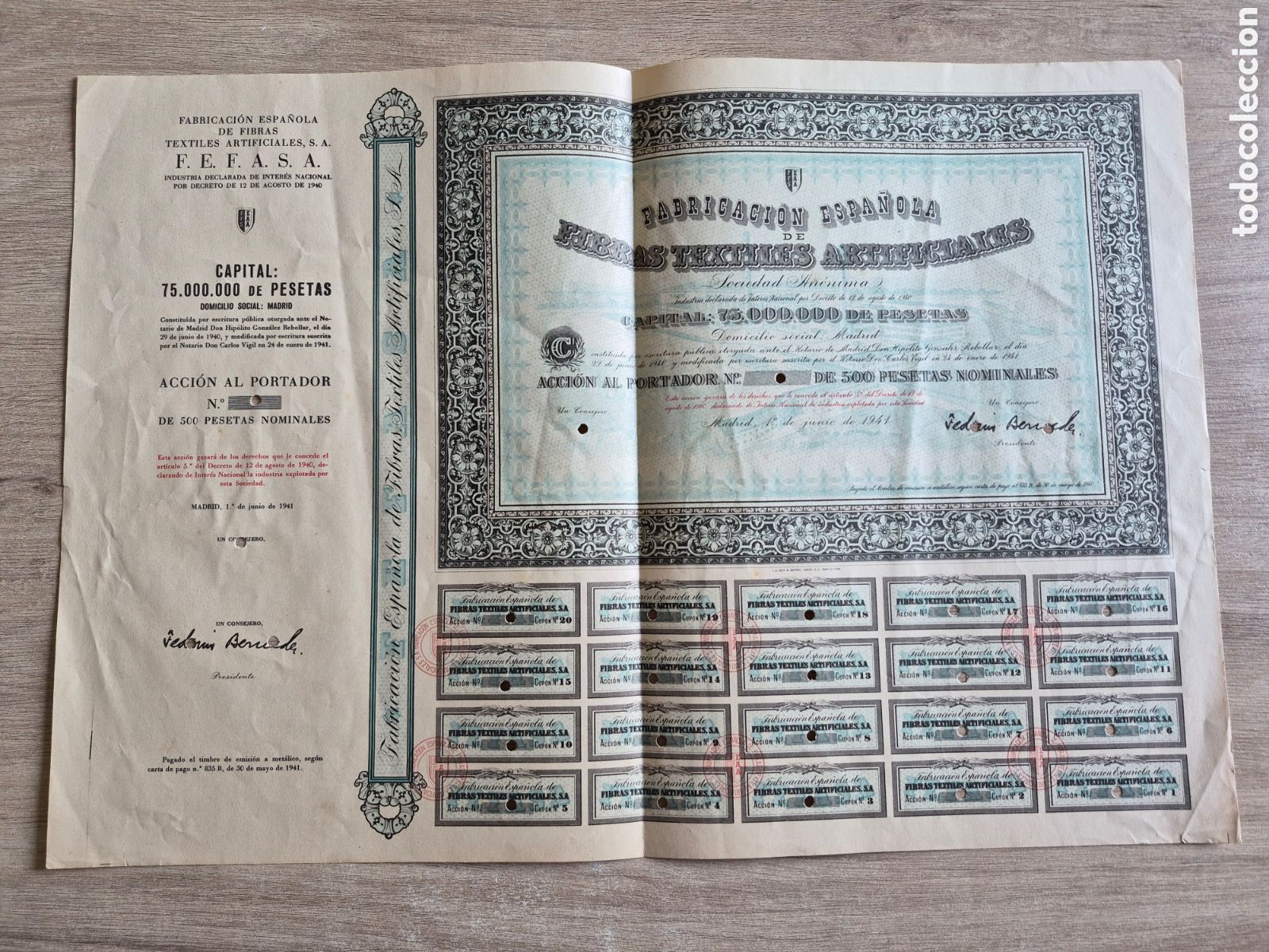 Sammeln von spanischen Wertpapieren: Esp&eacute;cimen Acci&oacute;n Fabricaci&oacute;n Espa&ntilde;ola Fibras Textiles Artificiales - Madrid 1941 - 54 x 41 cm.