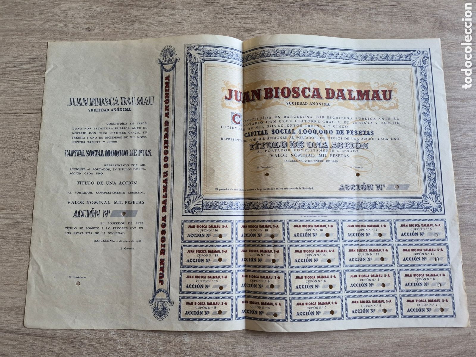 Coleccionismo acciones espa&ntilde;olas: Esp&eacute;cimen Acci&oacute;n Juan Biosca Dalmau - Barcelona 1936 - 50 x 34 cm. - Taladrada - &Uacute;NICA - Excelente