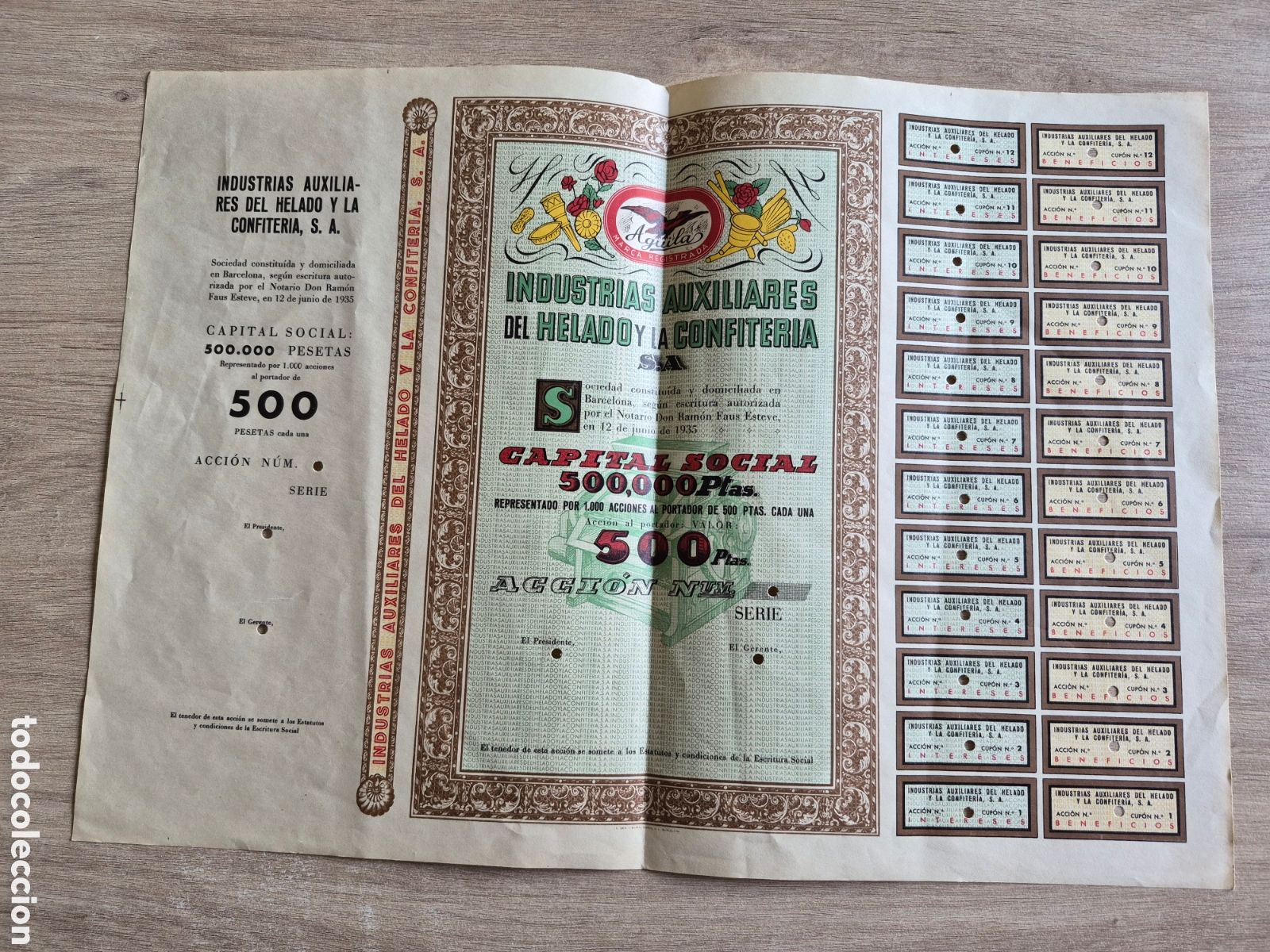 Collezionismo Azioni Spagnole: Esp&eacute;cimen Acci&oacute;n INDUSTRIAS AUXILIARES DEL HELADO CONFITER&Iacute;A - Barcelona 1935 - 50 x 35 cm. - &Uacute;NICA