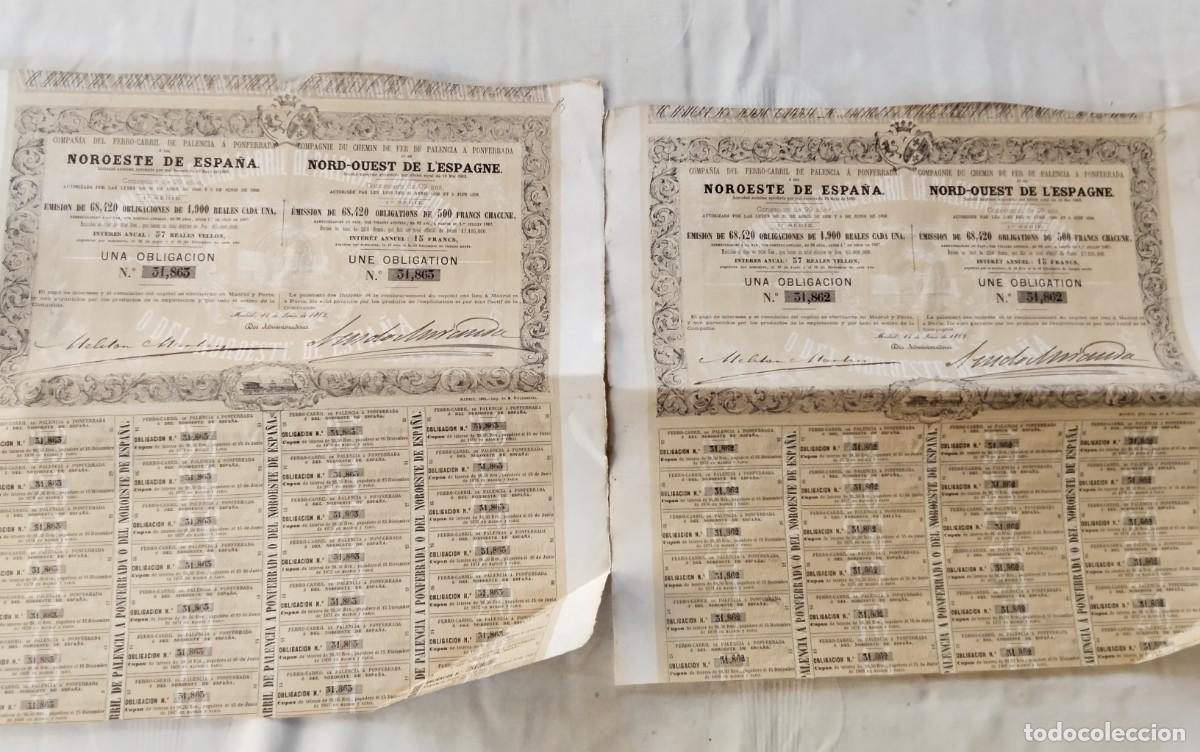 Collectables Spanish Shares: DOS ACCIONES CORRELATIVAS CIA DEL FERROCARRIL DE PALENCIA A PONFERRADA , A&Ntilde;O 1868