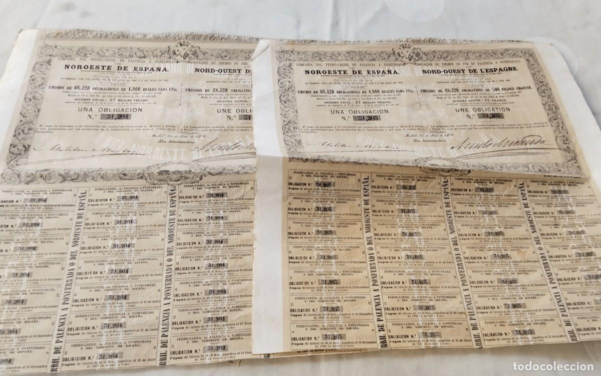 Collectables Spanish Shares: DOS ACCIONES CORRELATIVAS C.I.A. DEL FERROCARRIL DE PALENCIA A PONFERRADA ,NORESTE DE ESPA&Ntilde;A 1868