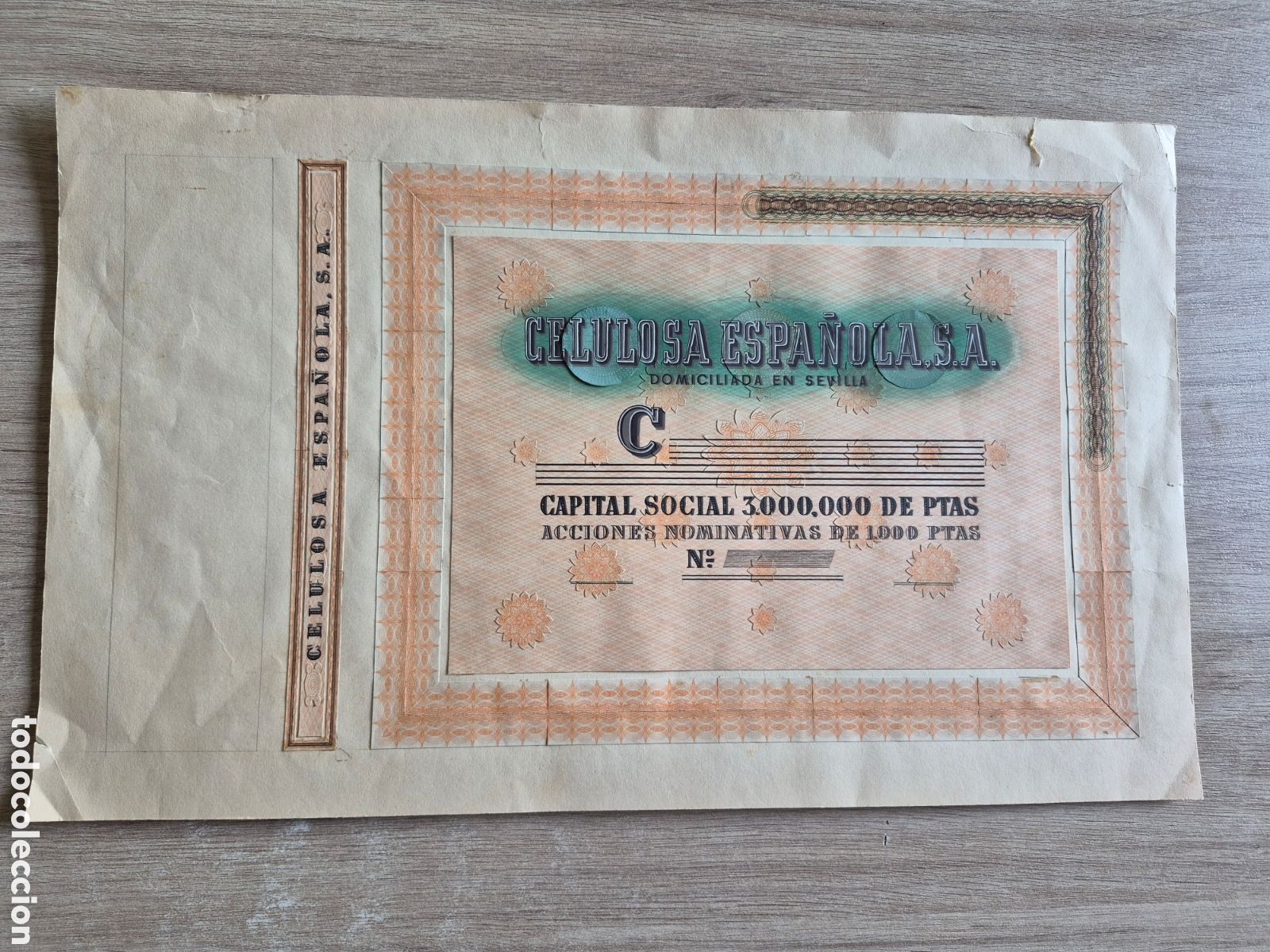 Colecionismo A&ccedil;&otilde;es Espanholas: Boceto Dise&ntilde;o Acci&oacute;n CELULOSA ESPA&Ntilde;OLA - Sevilla- 47 x 29 cm. - Muy RARA - &Uacute;NICA