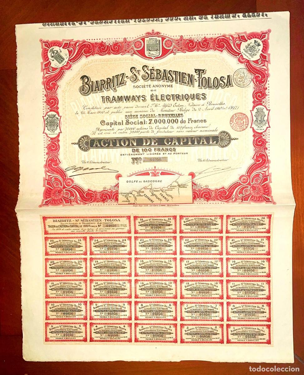 Sammeln von spanischen Wertpapieren: Biarritz-St.S&eacute;bastien-Tolosa ,SA Tramways electriques 1910 acci&oacute;n