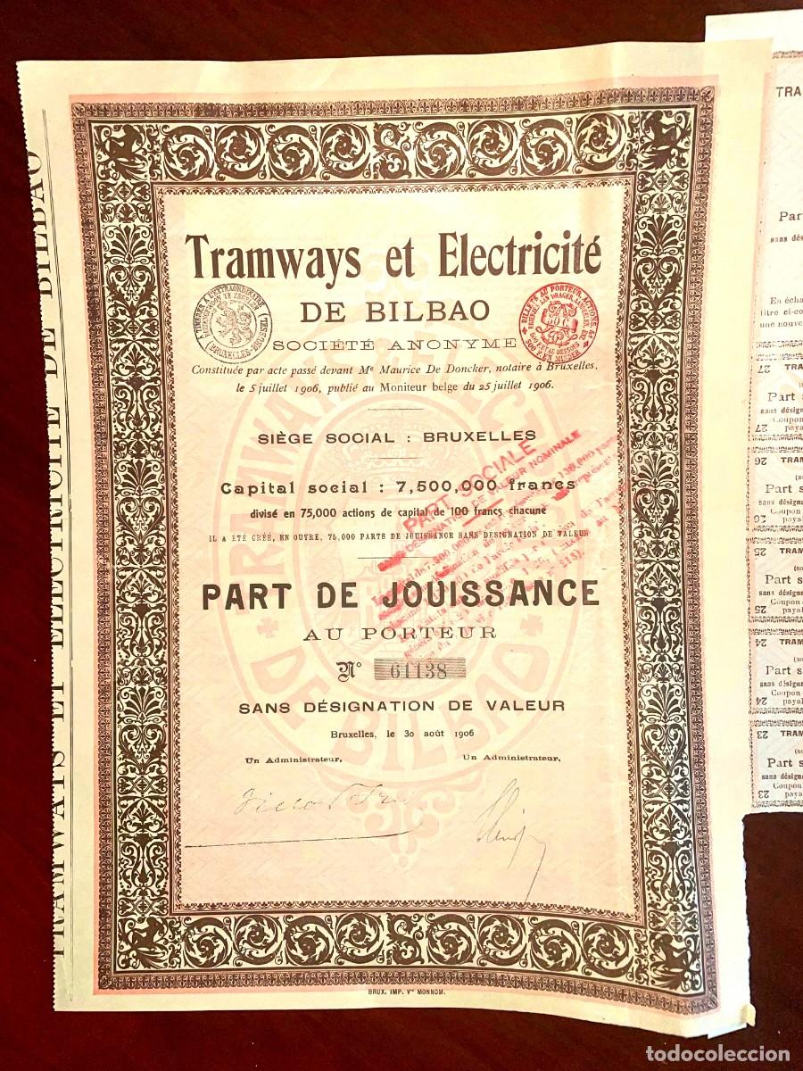 Coleccionismo acciones espa&ntilde;olas: Tramways et Electricit&eacute; de Bilbao 1906 acci&oacute;n