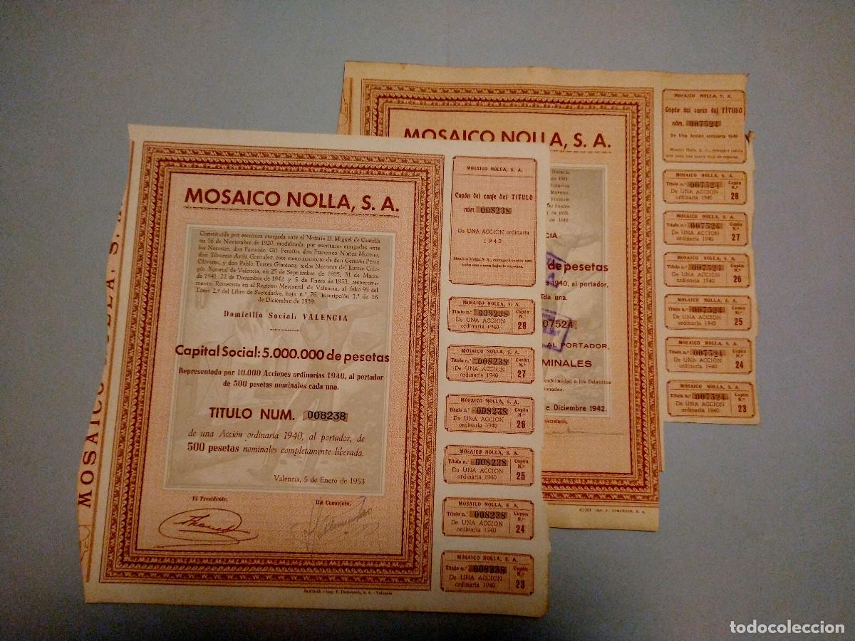 Collectables Spanish Shares: 2 acciones bello dibujo horno barro desaparecida f&aacute;brica Mosaicos Nolla Meliana Val&egrave;ncia 1942- 1953
