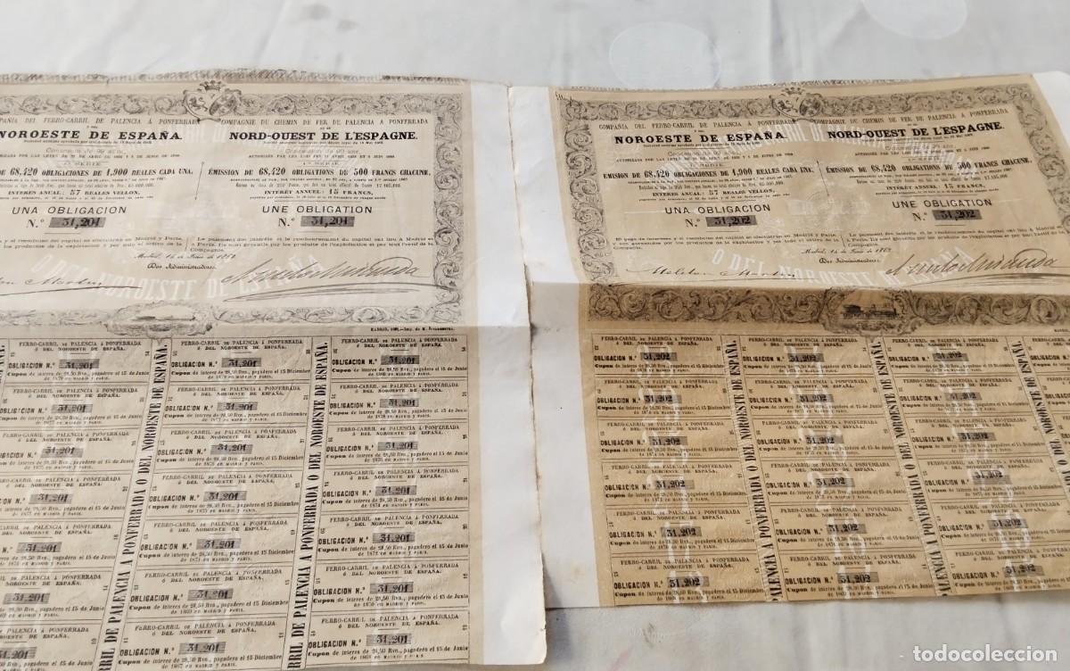 Coleccionismo acciones espa&ntilde;olas: DOS ACCIONES CORRELATIVAS DE C.I.A. DEL FERROCARRIL DE PALENCIA A PONFERRADA NORESTE DE ESPA&Ntilde;A 1868