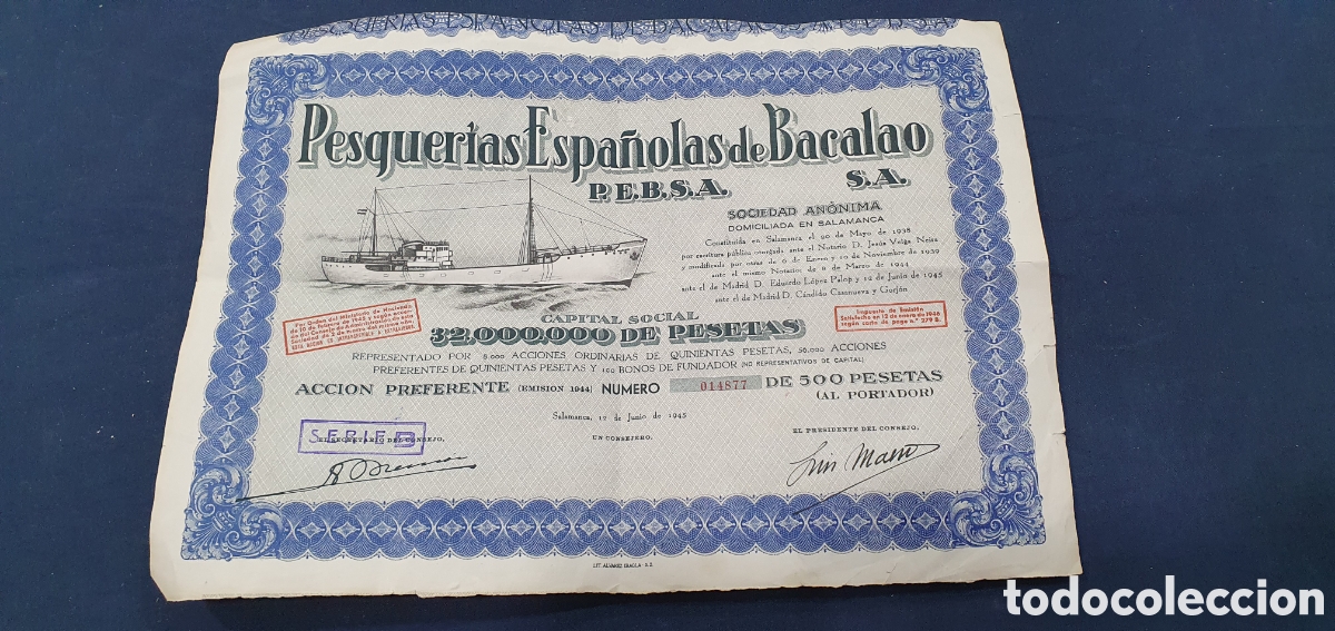 Coleccionismo acciones espa&ntilde;olas: Acci&oacute;n en papel Pesquer&iacute;as Espa&ntilde;olas de Bacalao S. A. (L133)