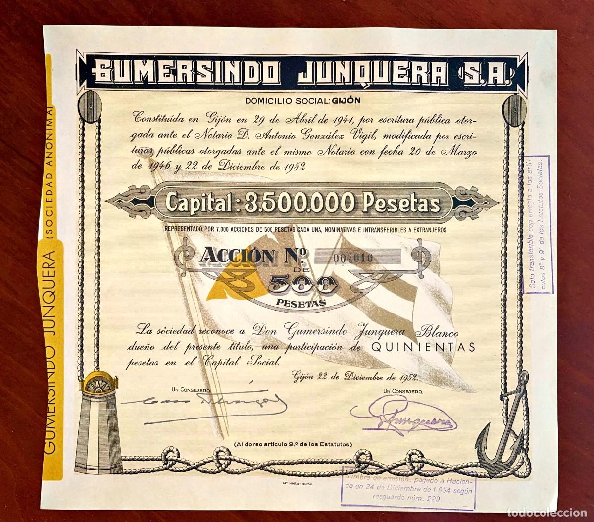 Coleccionismo acciones espa&ntilde;olas: Gumersindo Junquera,SA , Gij&oacute;n 1952 acci&oacute;n