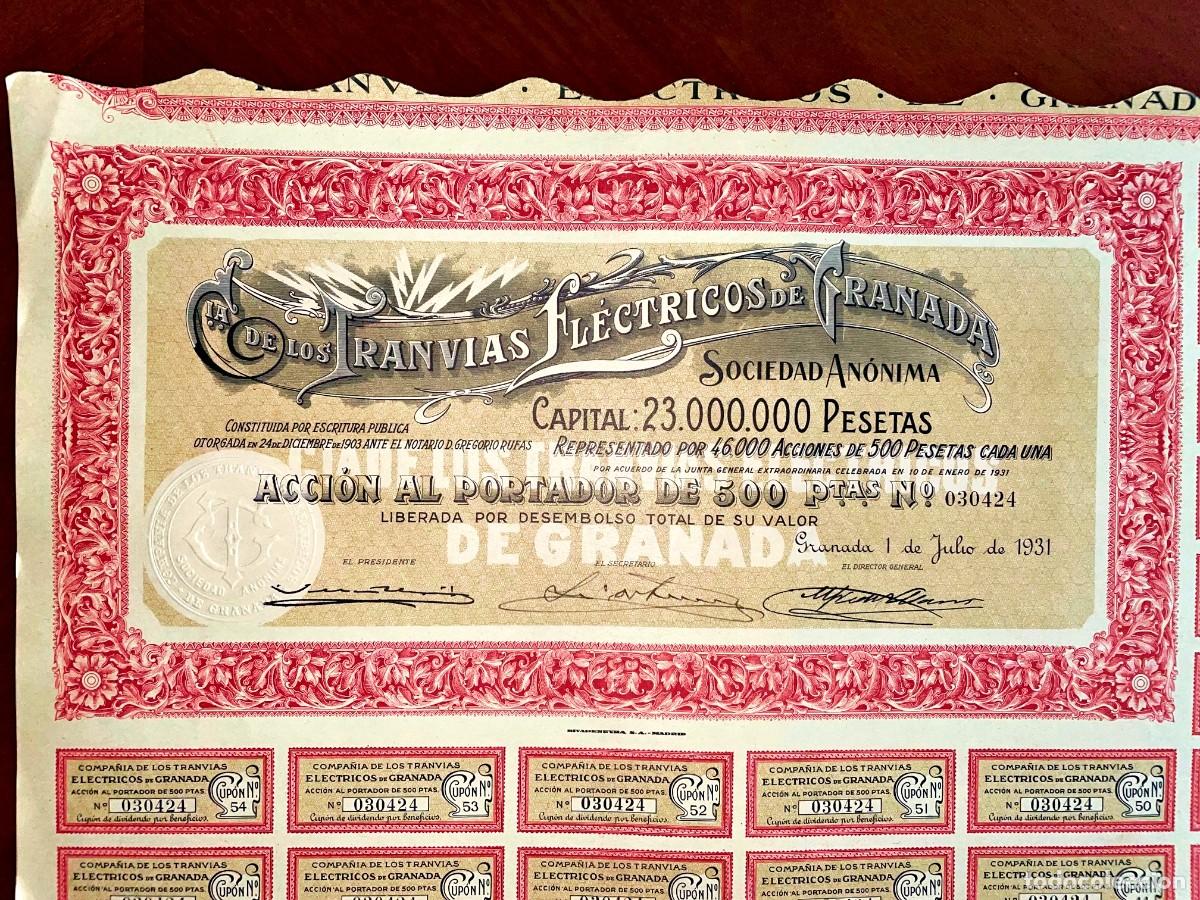 Coleccionismo acciones espa&ntilde;olas: Tranv&iacute;as El&eacute;ctricos de Granada SA , Granada 1931 acci&oacute;n