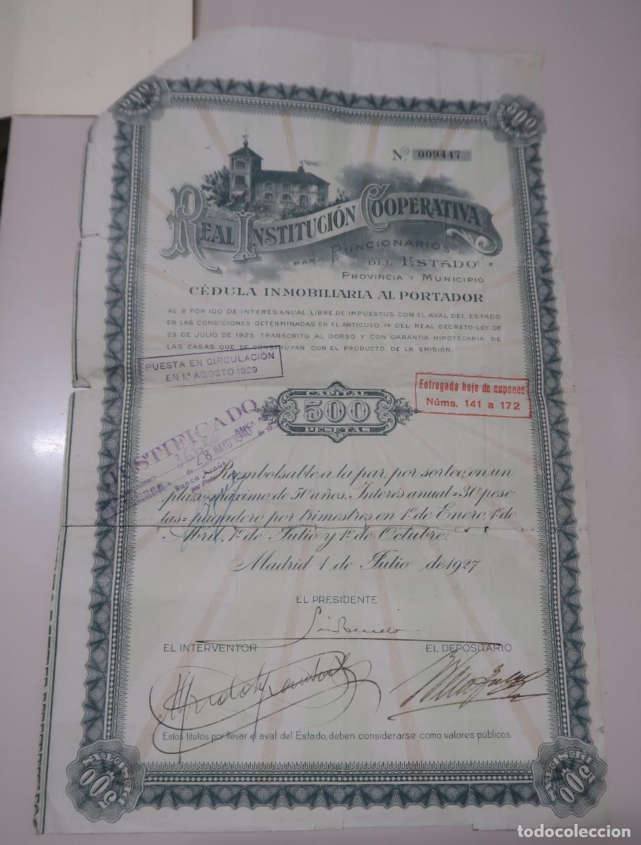 Coleccionismo acciones espa&ntilde;olas: C&Eacute;DULA INMOBILIARIA REAL INSTITUCI&Oacute;N COOPERATIVA PARA FUNCIONARIOS. 1927