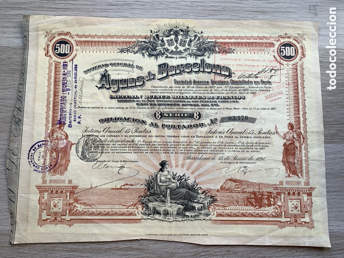 Coleccionismo acciones espa&ntilde;olas: ACCI&Oacute;N DE AGUAS DE BARCELONA 1897