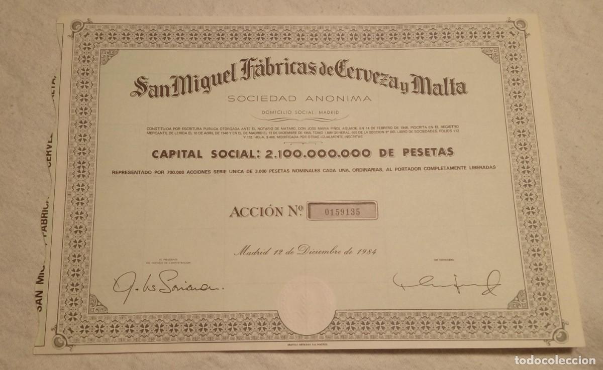 Collezionismo Azioni Spagnole: Acci&oacute;n San Miguel Fabricas de Cerveza y Malta 1984