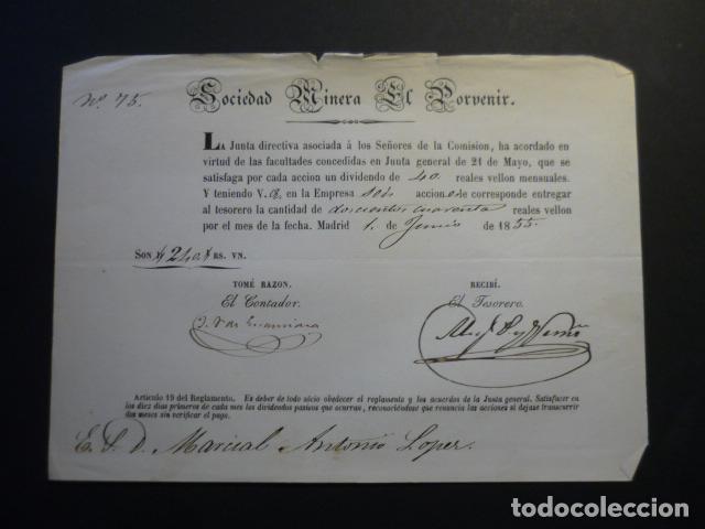 Collectionnisme Actions Espagne: SOCIEDAD MINERA DEL PORVENIR ASTURIAS MIERES Y LENA DOCUMENTO ACCION 1855