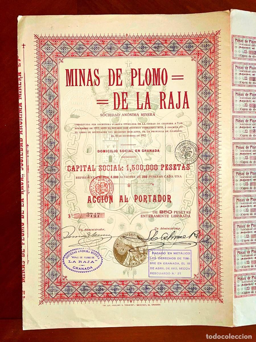 Coleccionismo acciones espa&ntilde;olas: Minas de Plomo de la Raja ,SA , Granada 1912 acci&oacute;n