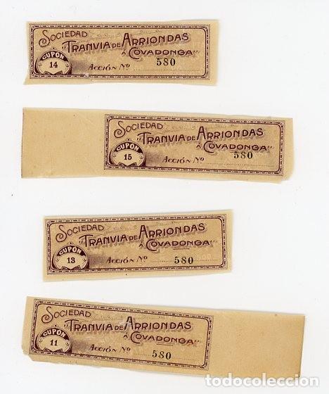 Sammeln von spanischen Wertpapieren: ASTURIAS. SOCIEDAD TRANVIAS DE ARRIONDAS A COVADONGA. FERROCARRIL. LOTE DE 4 CUPONES.