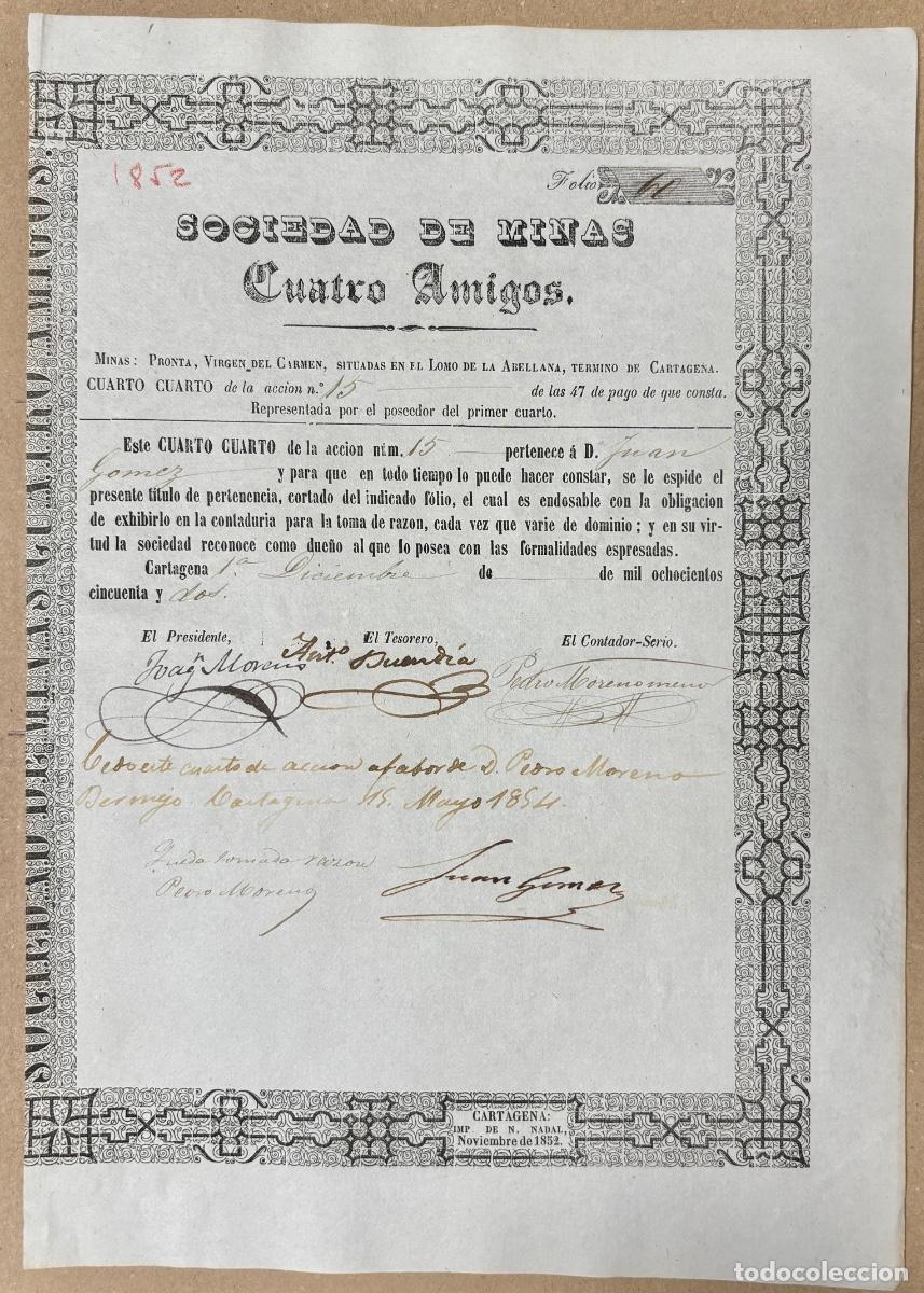 Coleccionismo acciones espa&ntilde;olas: CARTAGENA- MINERIA- ACCION MINA PRONTA- VIRGEN DEL CARMEN- S.M. CUATRO AMIGOS- 1852