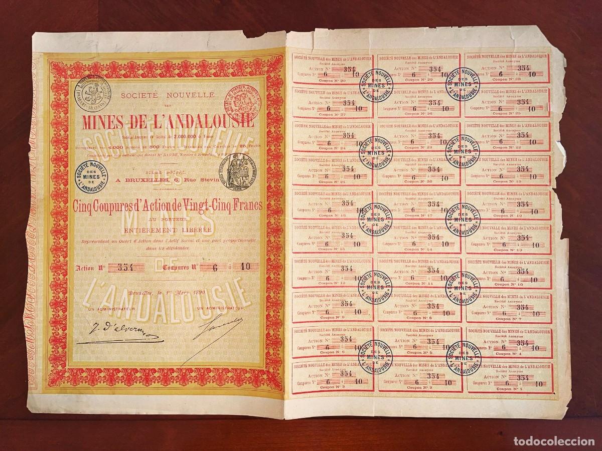 Coleccionismo acciones espa&ntilde;olas: Mines de l&acute;Andalousie ,Bruselas 1890 acci&oacute;n