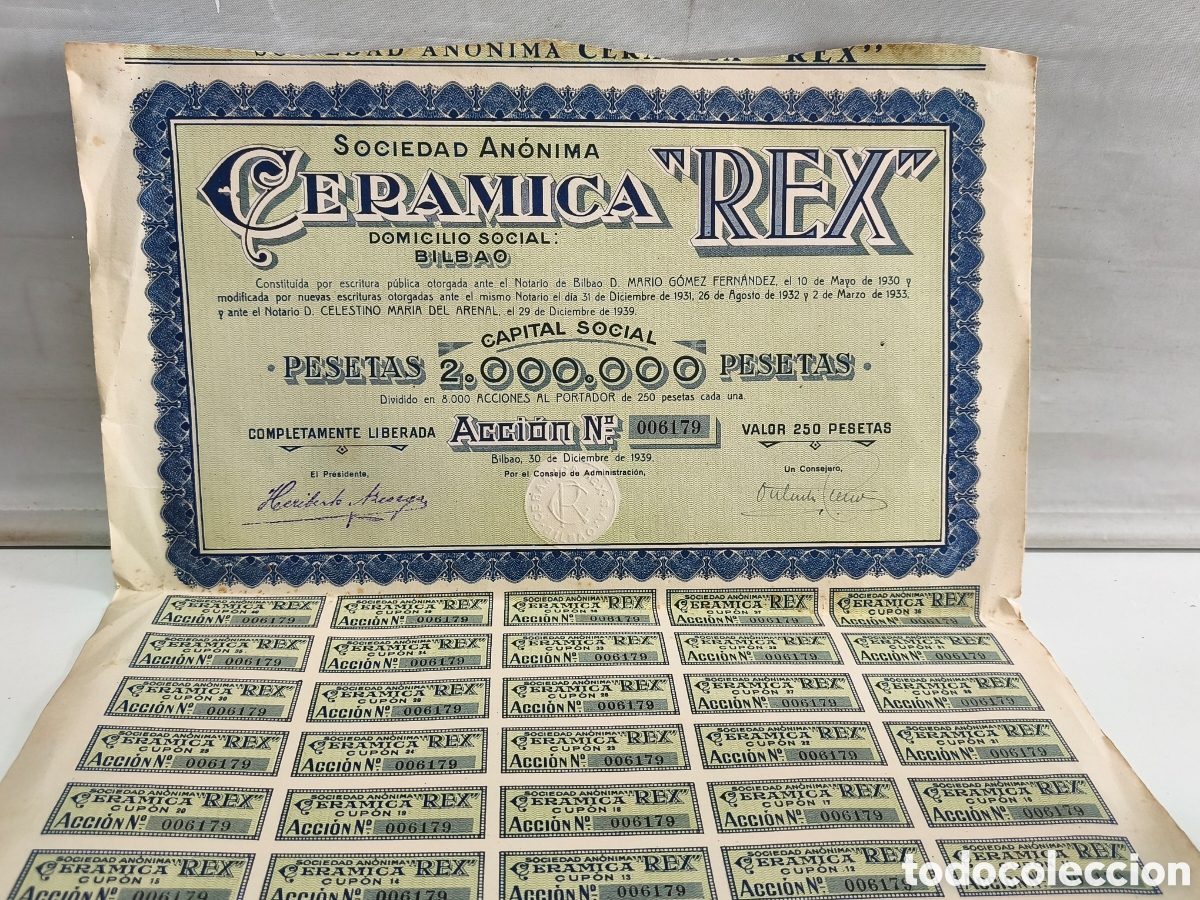 Coleccionismo acciones espa&ntilde;olas: BILBAO 1939 - SOCIEDAD ANONIMA CERAMICA REX - ACCI&Oacute;N DE 250 PESETAS - CON 35 CUPONES