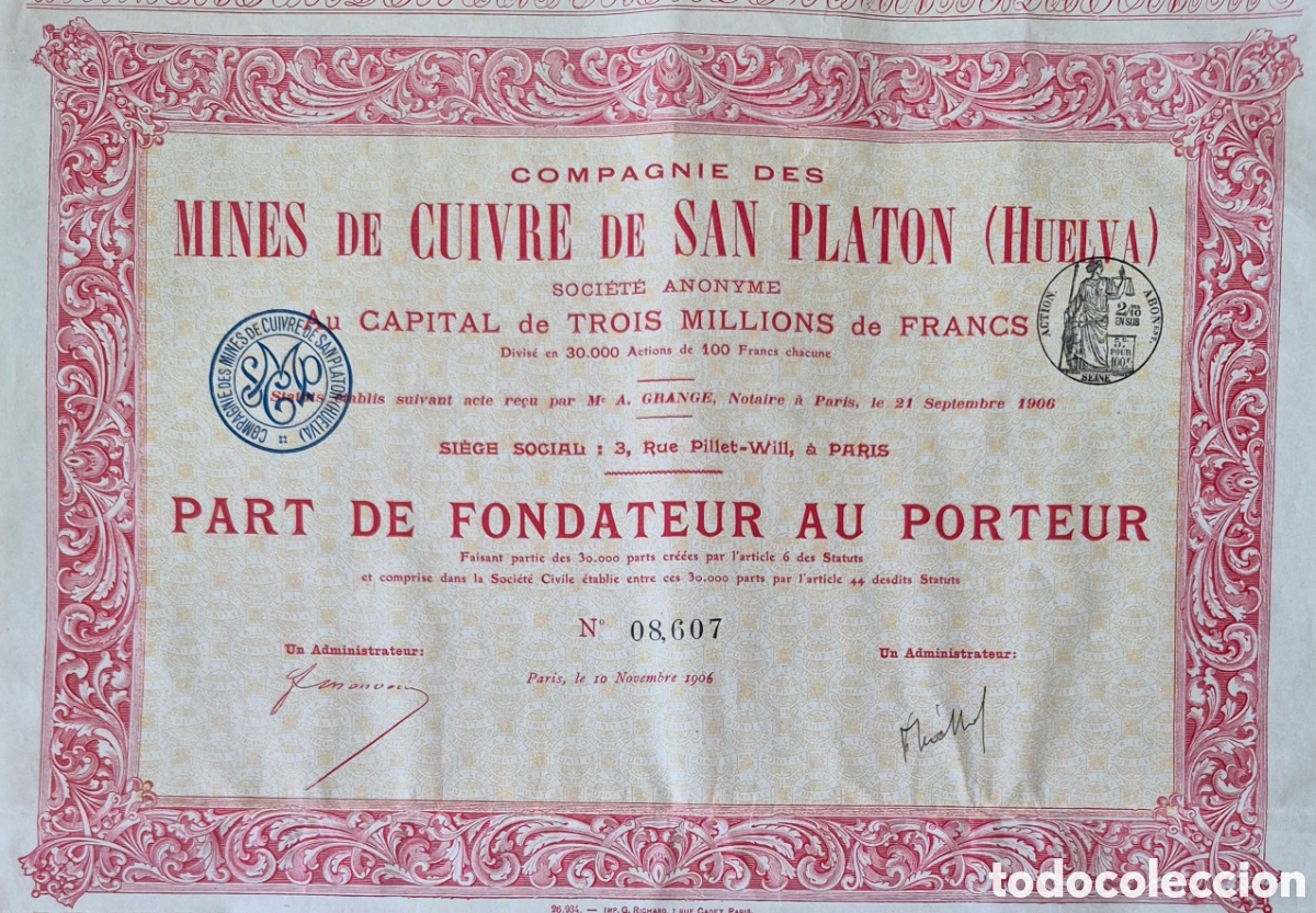 Collezionismo Azioni Spagnole: Minas de Cobre de San Plat&oacute;n (Almonaster la Real, Huelva) 1906