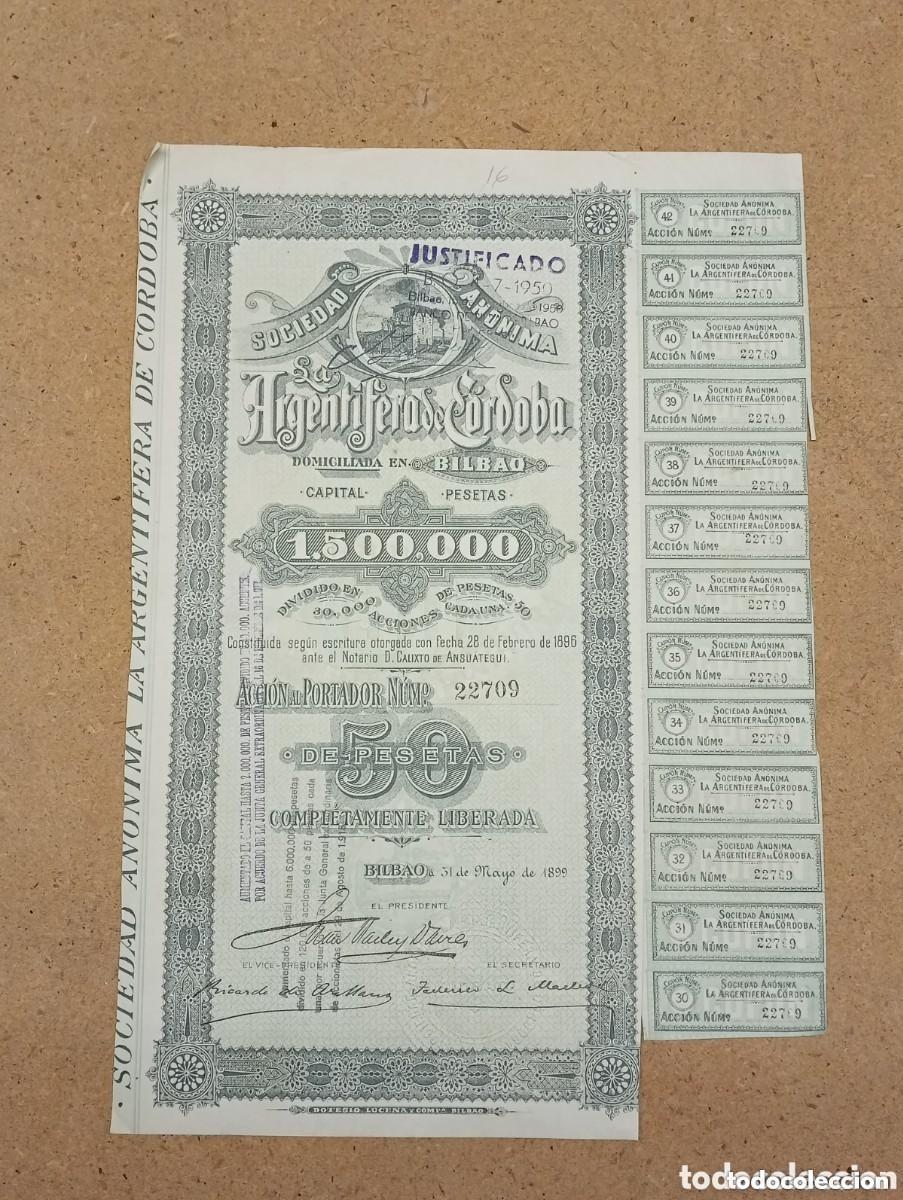 Collezionismo Azioni Spagnole: SOCIEDAD AN&Oacute;NIMA LA ARGENTIFERA DE C&Oacute;RDOBA. ACCI&Oacute;N AL PORTADOR DE 50 PESETAS. BILBAO 1899