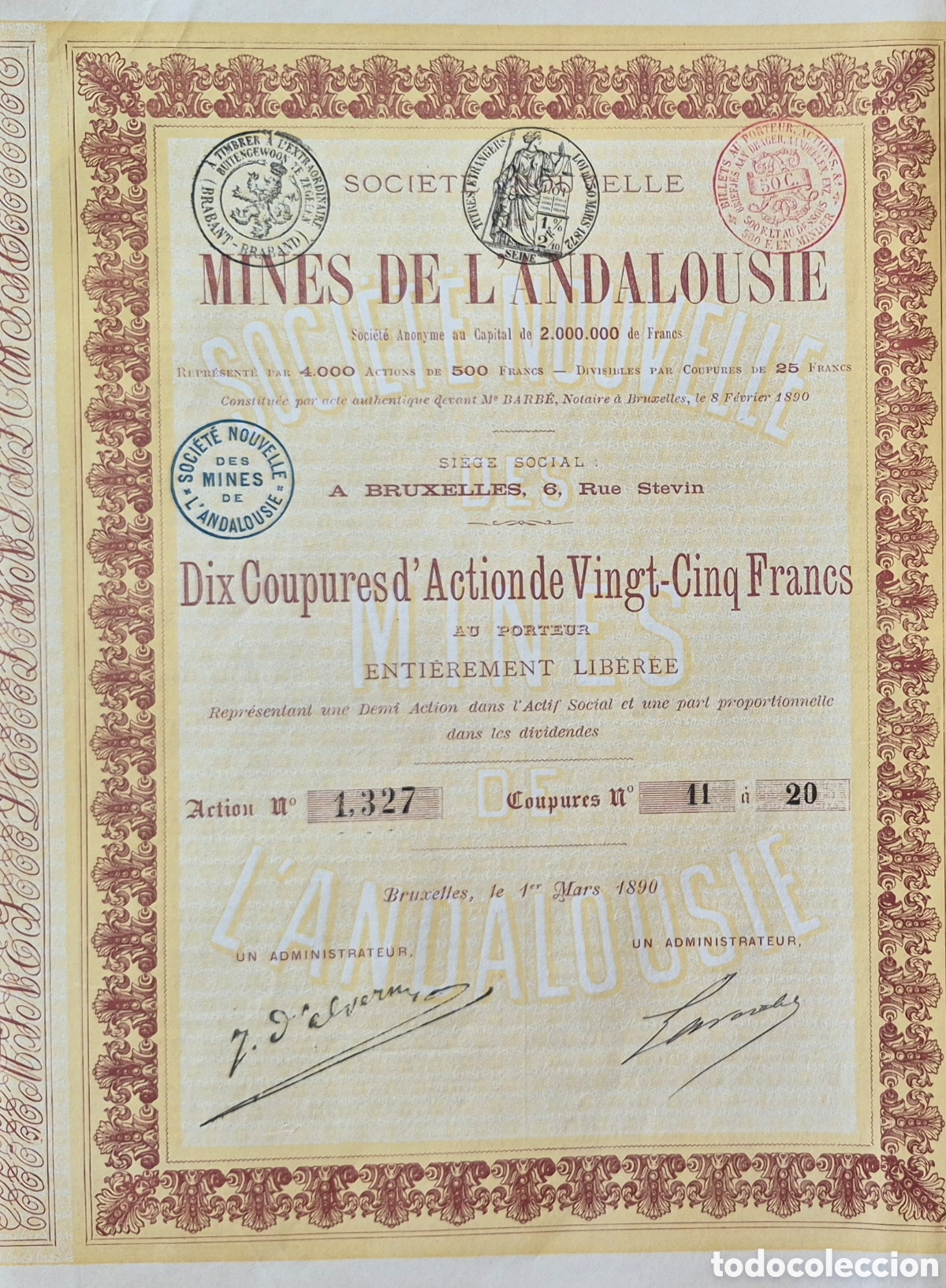 Colecionismo A&ccedil;&otilde;es Espanholas: Miner&iacute;a de oro: Nueva Sociedad de Minas de Andaluc&iacute;a (Pe&ntilde;aflor, Sevilla) 1890