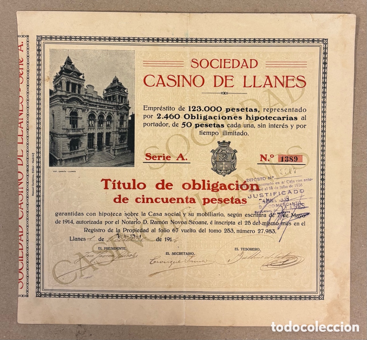 Colecionismo A&ccedil;&otilde;es Espanholas: SOCIEDAD CASINO DE LLANES TITULO DE OBLIGACION DE CINCUENTA PESETA OCTUBRE DE 1914
