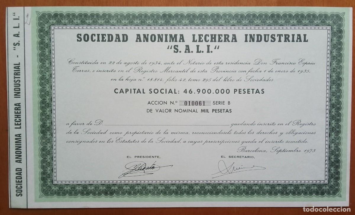 Coleccionismo acciones espa&ntilde;olas: CATALU&Ntilde;A. Sociedad an&oacute;nima Lecher&iacute;a Industrial. SALI. Barcelona. 1973