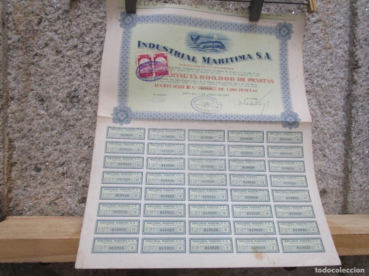Coleccionismo acciones espa&ntilde;olas: PESCA CONSERVAS TETUAN 1947 - ACCION INDUSTRIAL MARITIMA - SERIE E N&ordm;19928 1000 PESETAS 40CUPONES.