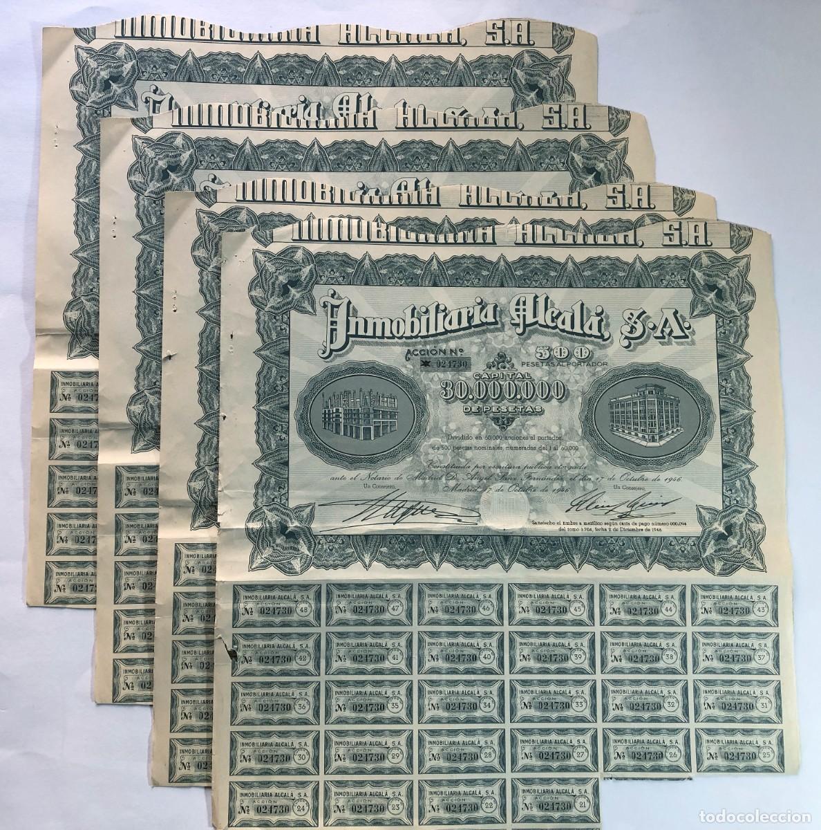 Coleccionismo acciones espa&ntilde;olas: INMOBILIARIA ALCAL&Aacute; / 4 ACCIONES ( 500 PESETAS ) NUMERACI&Oacute;N CORRELATIVA / MADRID 1946