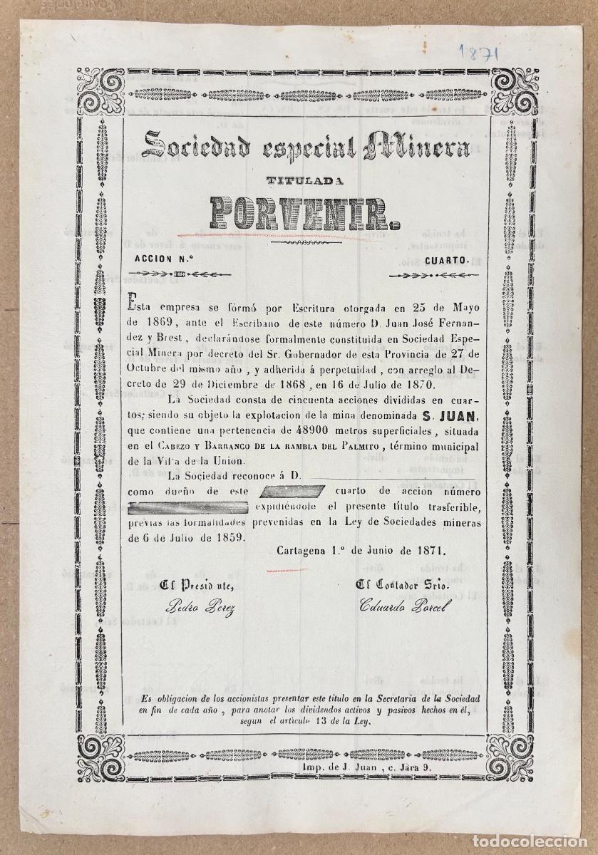Sammeln von spanischen Wertpapieren: CARTAGENA-LA UNION- MINERIA- ACCION MINA SAN JUAN - SEM PORVENIR- 1871