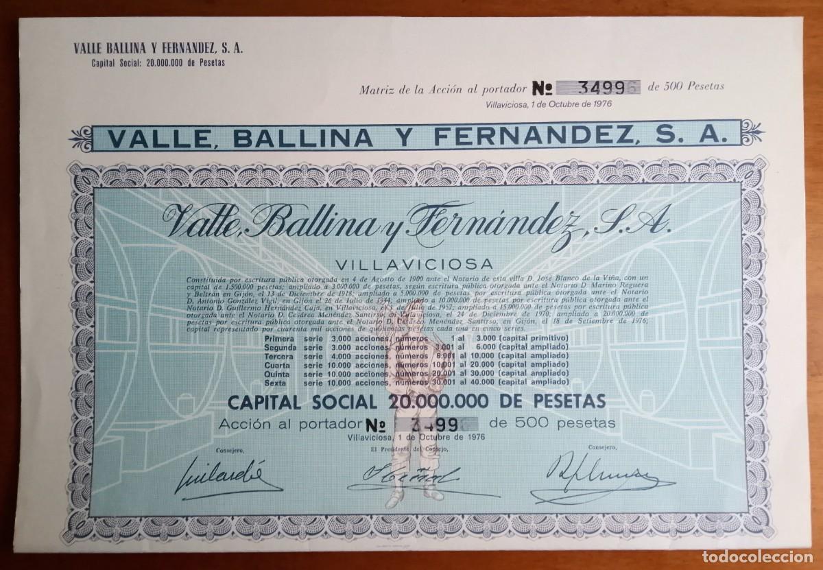 Coleccionismo acciones espa&ntilde;olas: Valle, Ballina y Fern&aacute;ndez. Sidra El Gaitero. Villaviciosa (Asturias). 1976