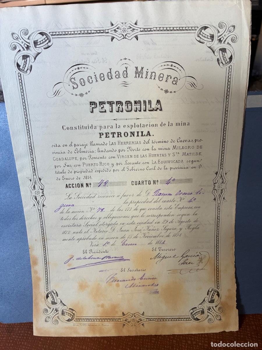 Coleccionismo acciones espa&ntilde;olas: ALMER&Iacute;A CUEVAS SOCIEDAD MINERA PETRONILA VERA ENERO 1.881