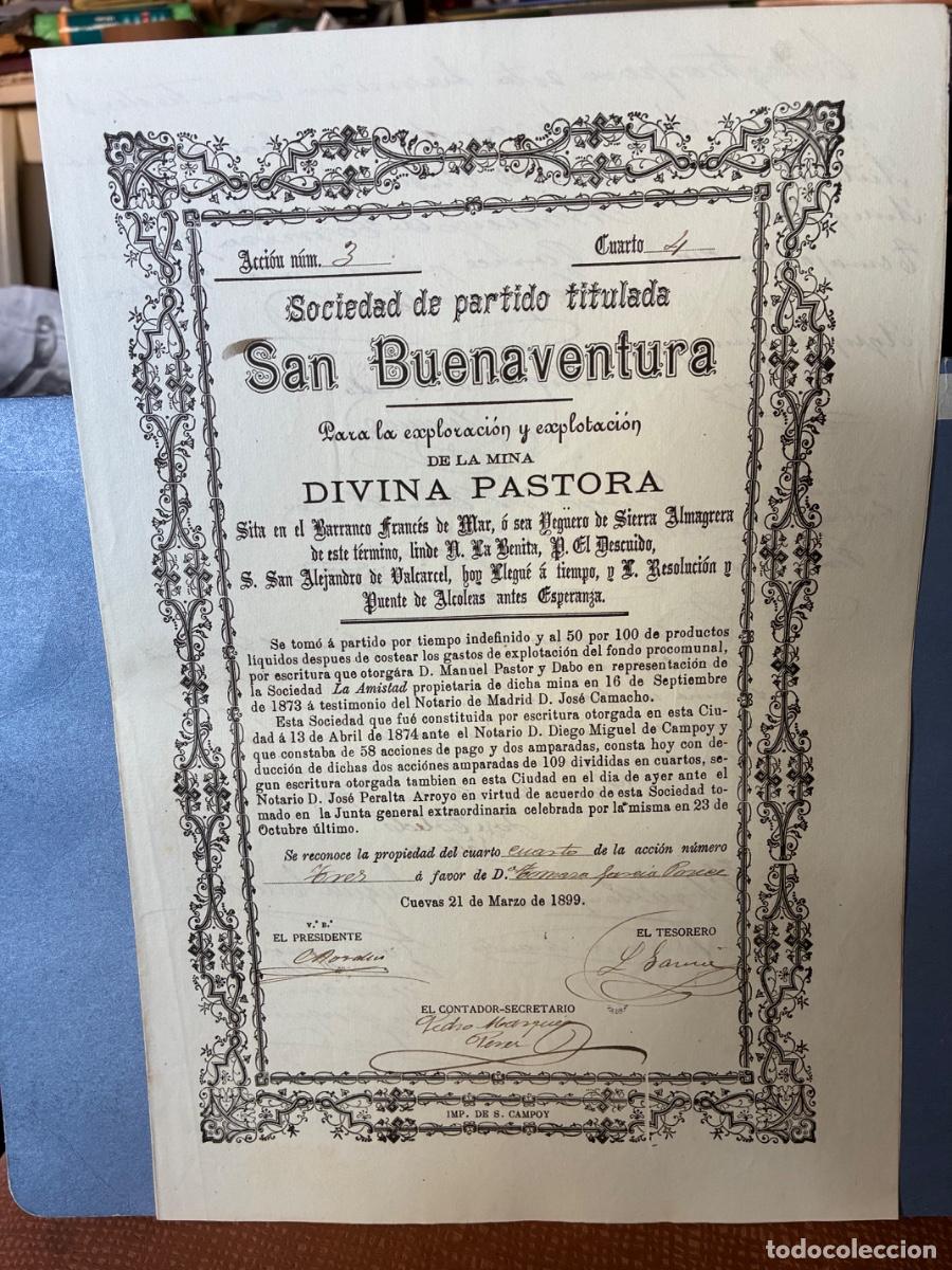 Coleccionismo acciones espa&ntilde;olas: ALMER&Iacute;A CUEVAS SOC PARTIDO S BUENAVENTURA 1899