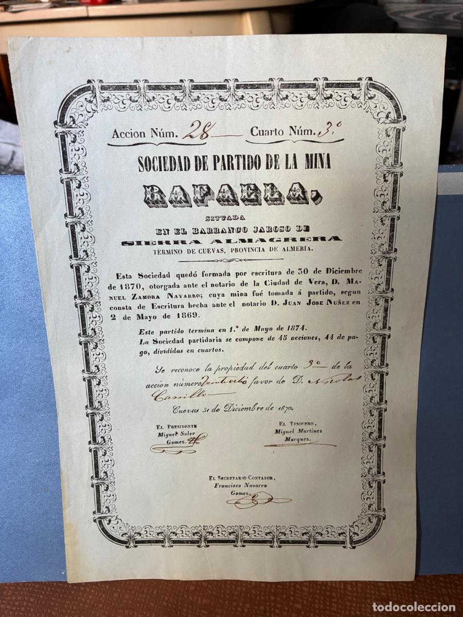 Coleccionismo acciones espa&ntilde;olas: ALMER&Iacute;A CUEVAS SOCIEDAD PARTIDO MINA RAFAELA 1870