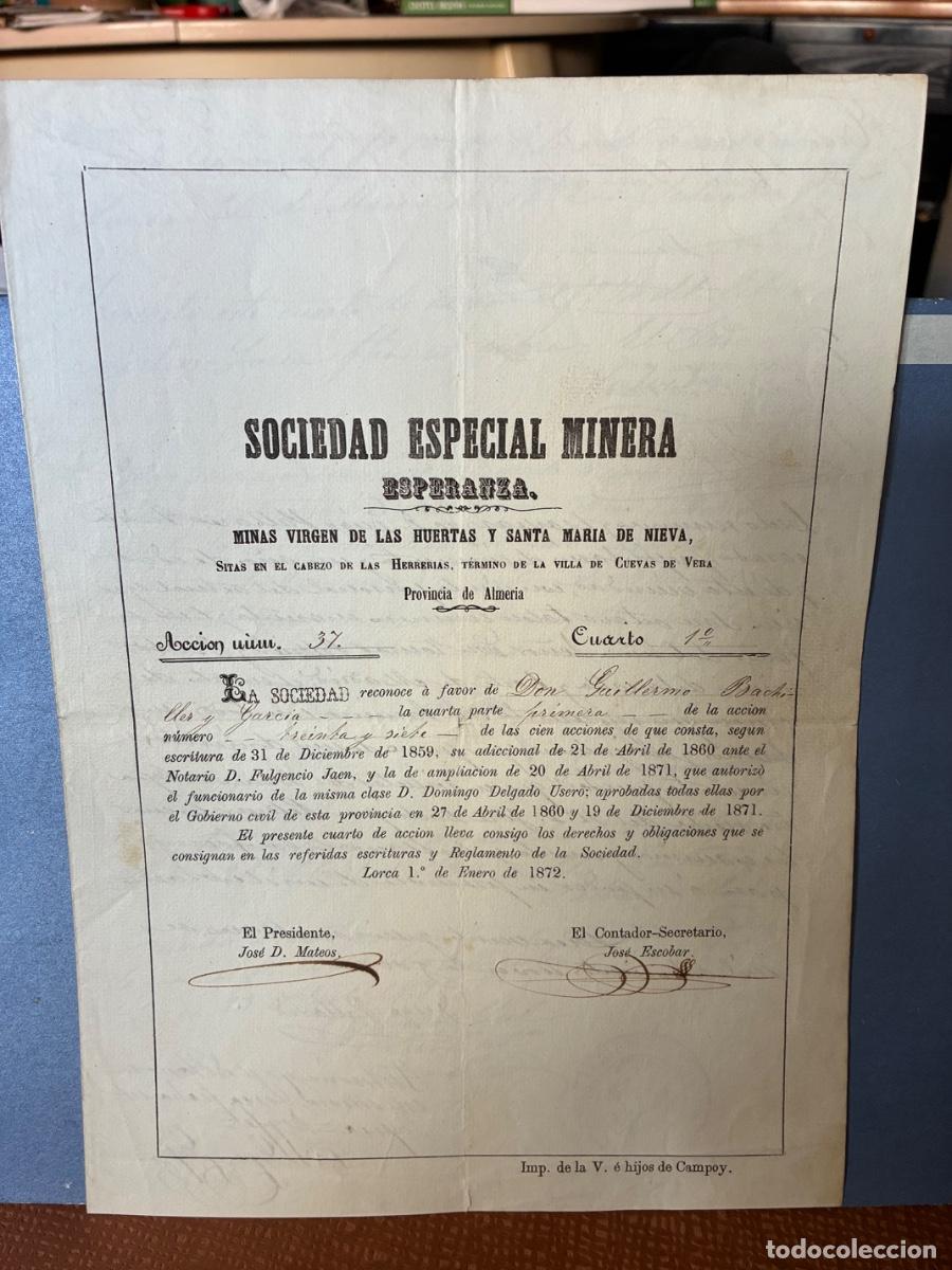 Coleccionismo acciones espa&ntilde;olas: ALMER&Iacute;A CUEVAS LORCA SOC ESP MIN ESPERANZA 1872