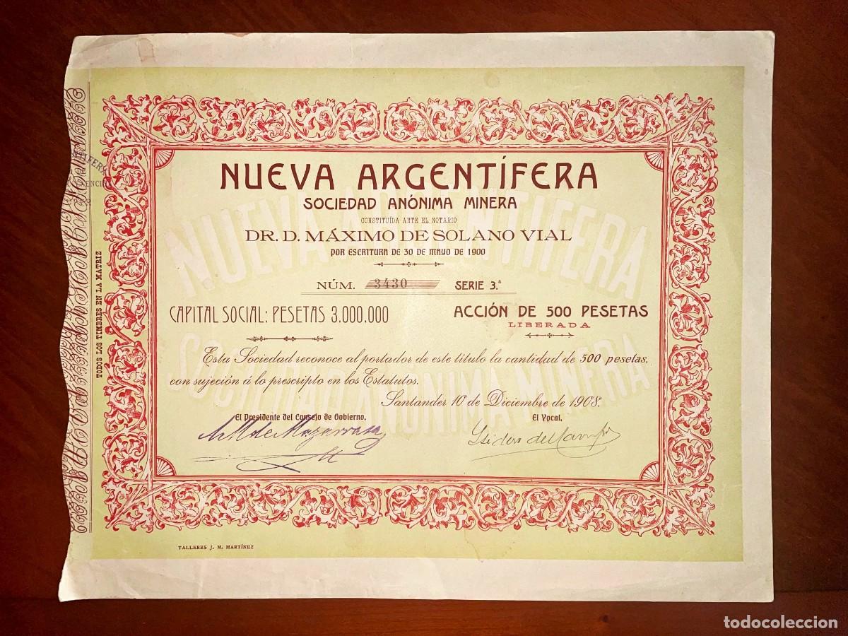 Coleccionismo acciones espa&ntilde;olas: Nueva Argent&iacute;fera SA Santander 1908 acci&oacute;n