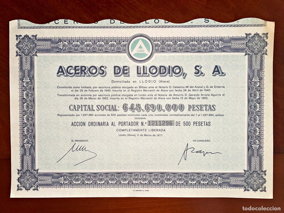 Coleccionismo acciones espa&ntilde;olas: Aceros de LLodio,SA (Alava) 1977 acci&oacute;n