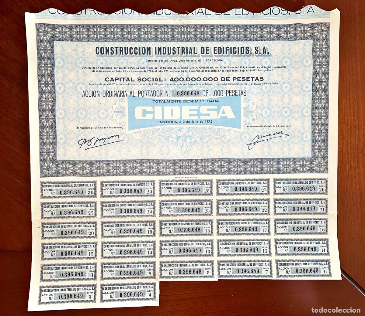 Coleccionismo acciones espa&ntilde;olas: Construcci&oacute;n Industrial de Edificios CIDESA Barcelona 1975 acci&oacute;n