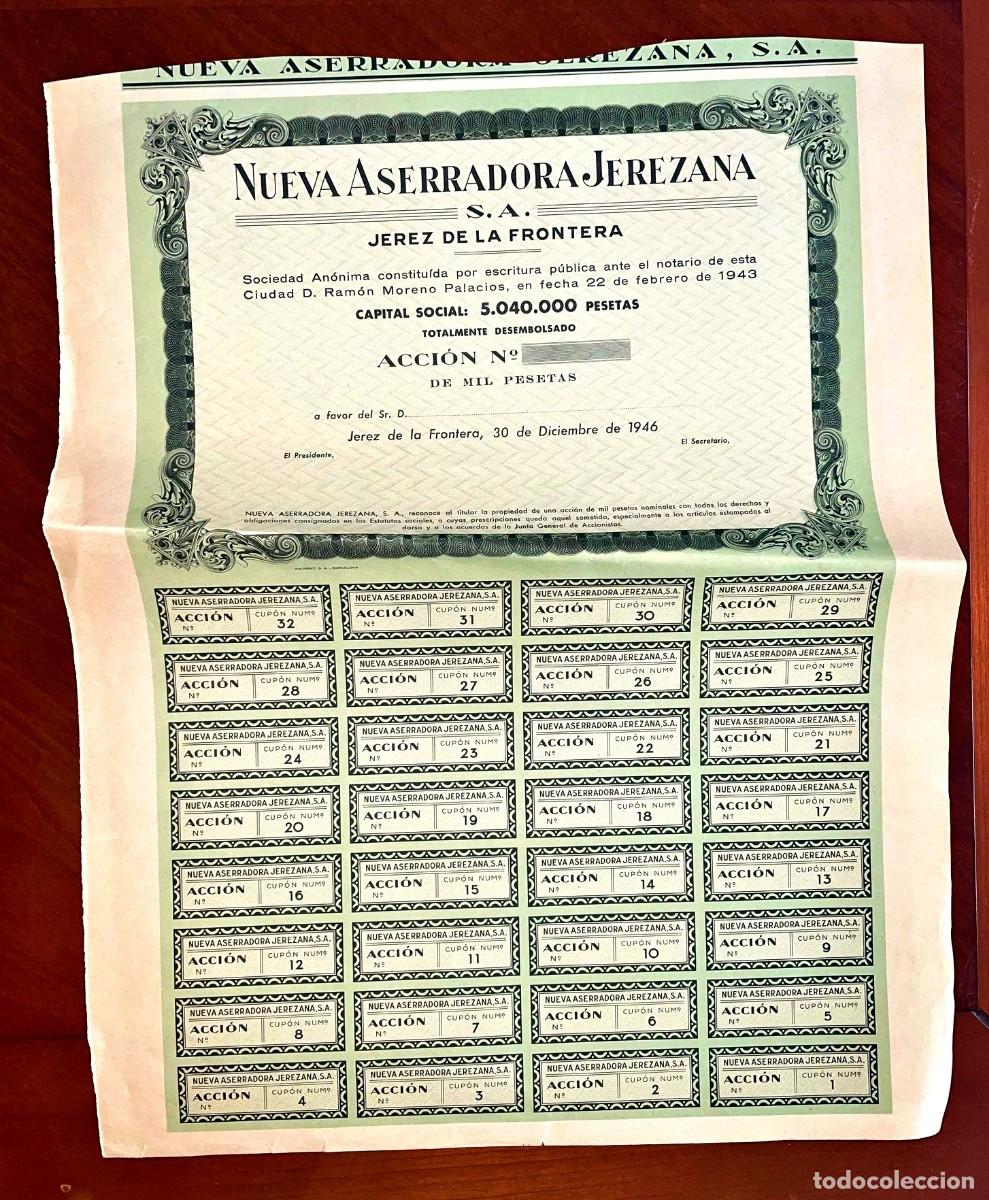 Coleccionismo acciones espa&ntilde;olas: Nueva Aserradora Jerezana,SA , Jerez de la Frontera 1946 acci&oacute;n nominativa sin emitir