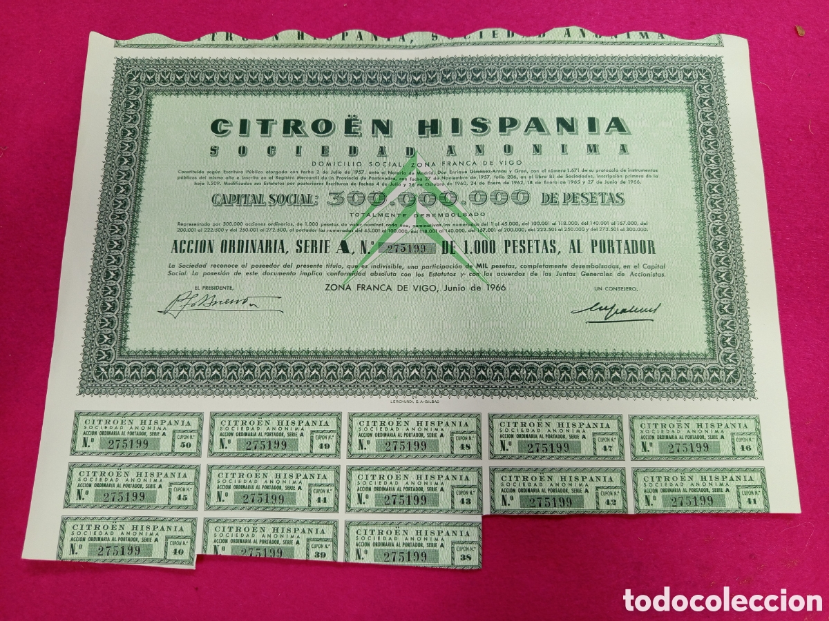Coleccionismo acciones espa&ntilde;olas: Acci&oacute;n Citroen Hispania 1966 275199